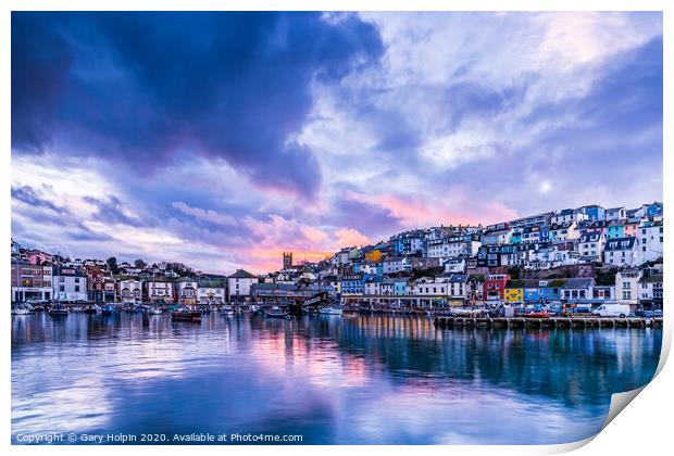 Reflections of sunset at Brixham harbour Print by Gary Holpin