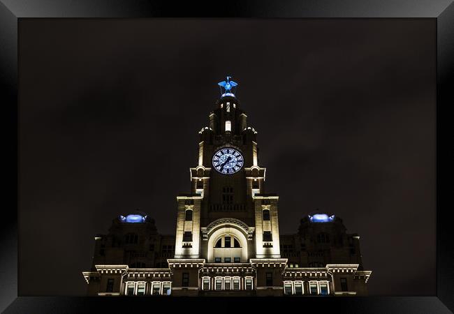 Looking up at the Liver Building at night Framed Print by Jason Wells