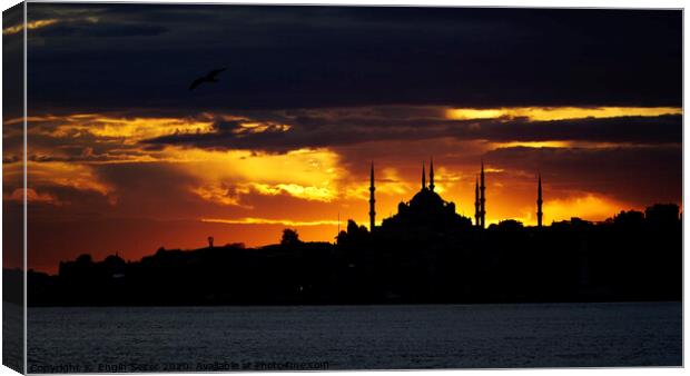 Sunset At Istanbul with Silhouette Of The Blue Mosque Canvas Print by Engin Sezer