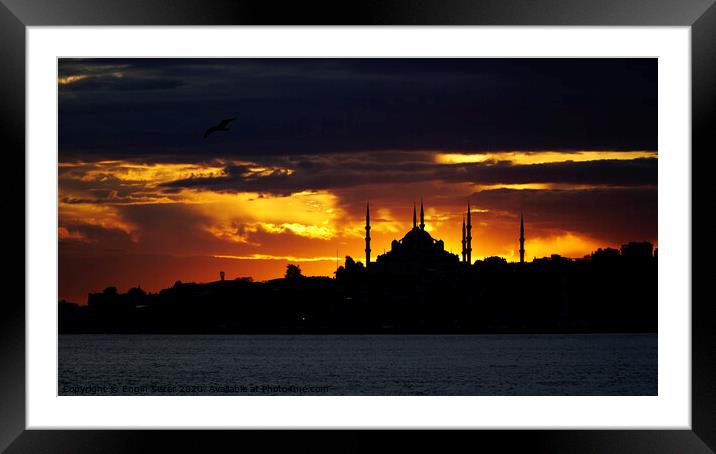 Sunset At Istanbul with Silhouette Of The Blue Mosque Framed Mounted Print by Engin Sezer