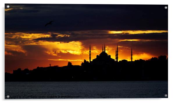 Sunset At Istanbul with Silhouette Of The Blue Mosque Acrylic by Engin Sezer