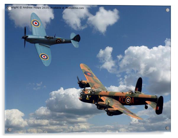 Blue spitfire and a Avro Lancaster Bomber Acrylic by Andrew Heaps