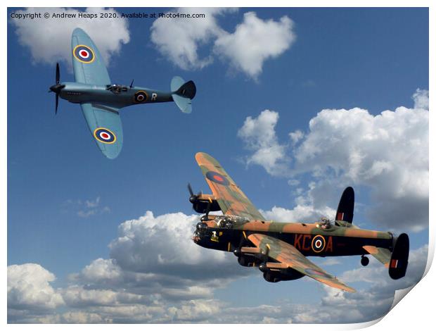 Blue spitfire and a Avro Lancaster Bomber Print by Andrew Heaps