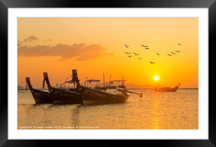 Boats and birds at sunrise Framed Mounted Print by Kevin Hellon