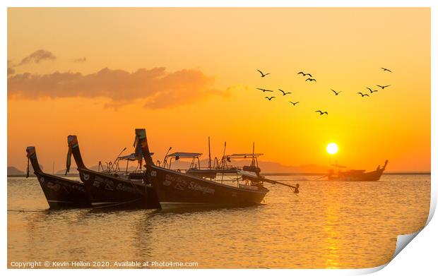 Boats and birds at sunrise Print by Kevin Hellon