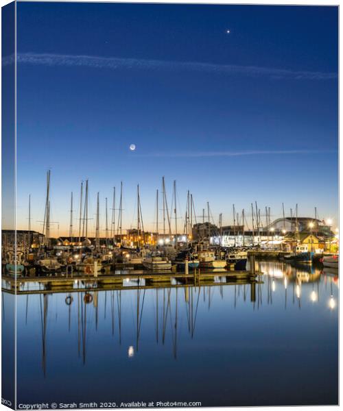 The Moon and Venus over Plymouth Barbican Canvas Print by Sarah Smith