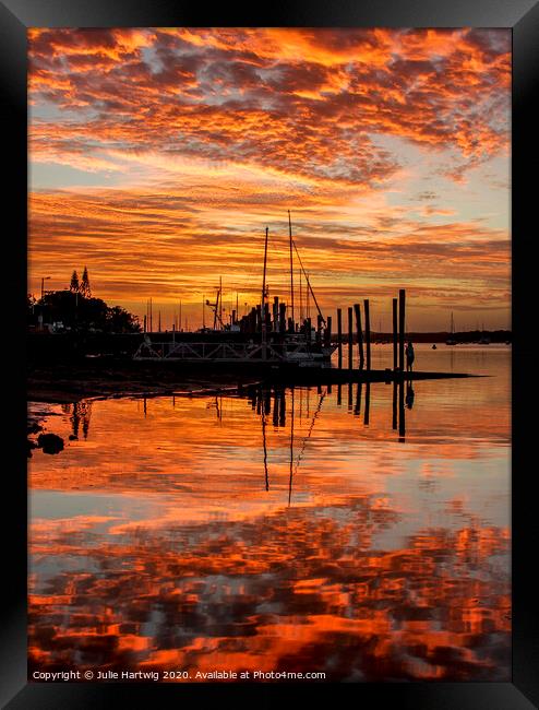 Fire on the Water Framed Print by Julie Hartwig