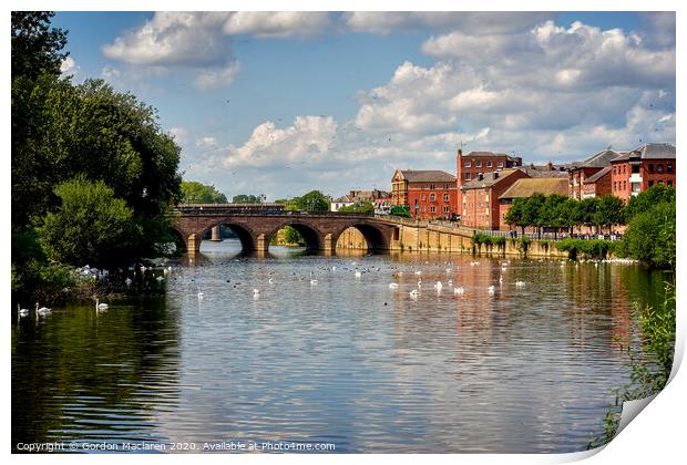 Swans in front of Worcester Bridge Print by Gordon Maclaren