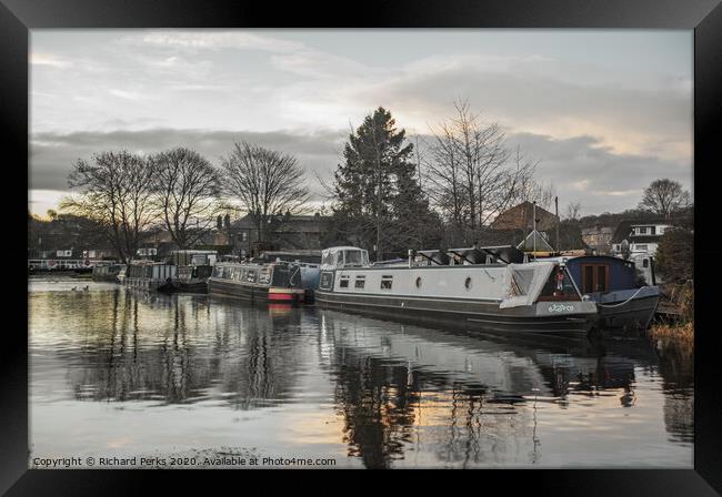 Barges at Apperley Bridge in Winter Framed Print by Richard Perks
