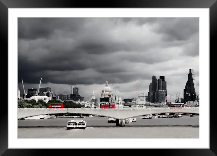 Three London Buses on Waterloo Bridge Mono Framed Mounted Print by Jeremy Hayden