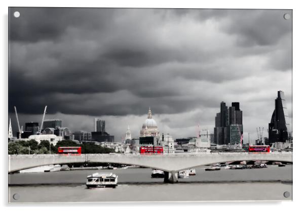 Three London Buses on Waterloo Bridge Mono Acrylic by Jeremy Hayden
