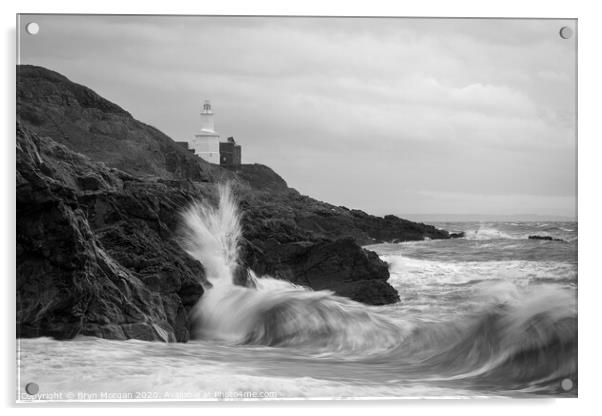 Mumbles lighthouse viewed from Bracelet bay, monochrome Acrylic by Bryn Morgan