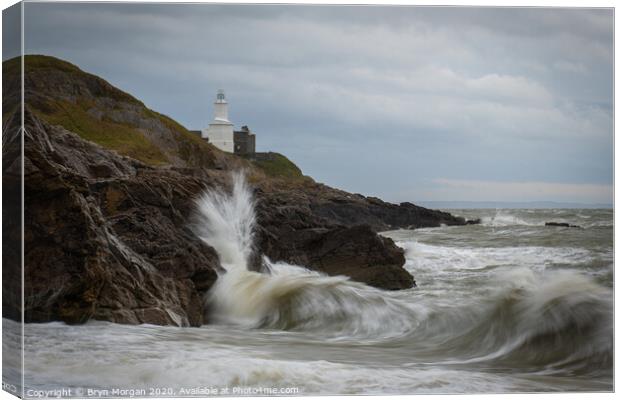 Mumbles lighthouse viewed from Bracelet bay Canvas Print by Bryn Morgan