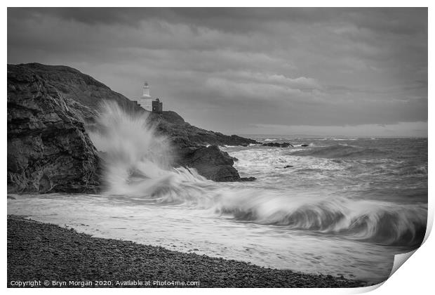 Mumbles lighthouse viewed from Bracelet bay, monochrome Print by Bryn Morgan