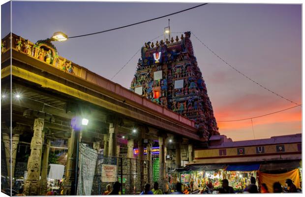 Chennai, South India - October 27, 2018: A hindu temple Dedicated to Lord Venkat Krishna, the Parthasarathy temple located at Triplicane during night with devotee worship in the building Canvas Print by Arpan Bhatia