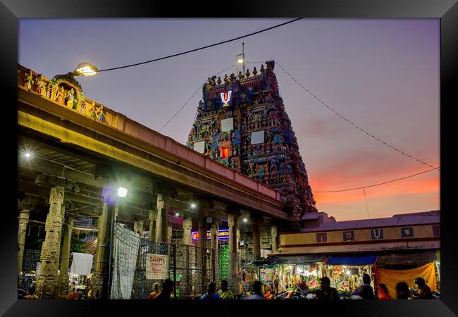 Chennai, South India - October 27, 2018: A hindu temple Dedicated to Lord Venkat Krishna, the Parthasarathy temple located at Triplicane during night with devotee worship in the building Framed Print by Arpan Bhatia