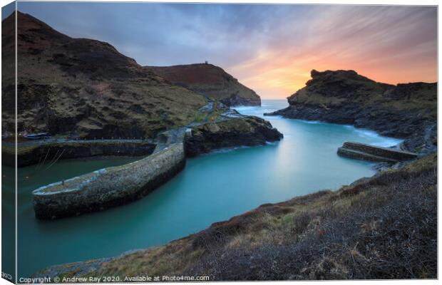Boscastle Harbour Entrance at sunset Canvas Print by Andrew Ray