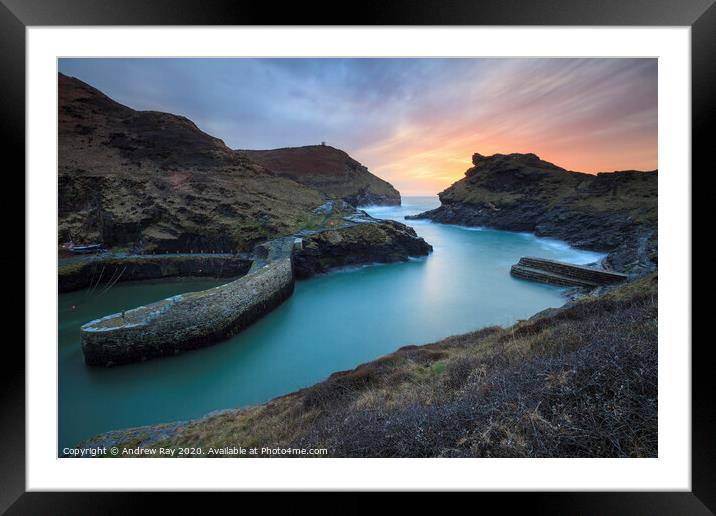Boscastle Harbour Entrance at sunset Framed Mounted Print by Andrew Ray