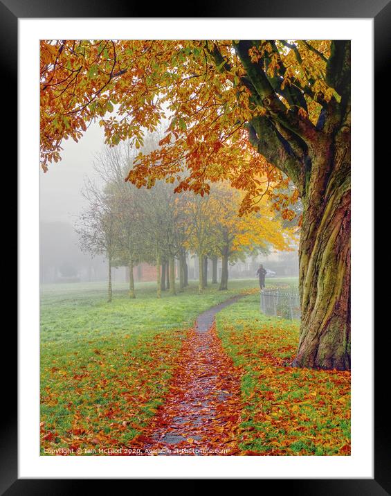 A jogger out for a run in the park during a misty Autumn day Framed Mounted Print by Iain McLeod