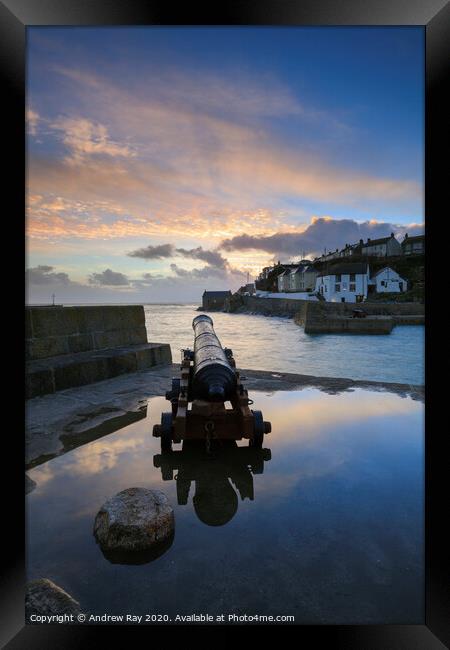 Porthleven Canon at sunset Framed Print by Andrew Ray