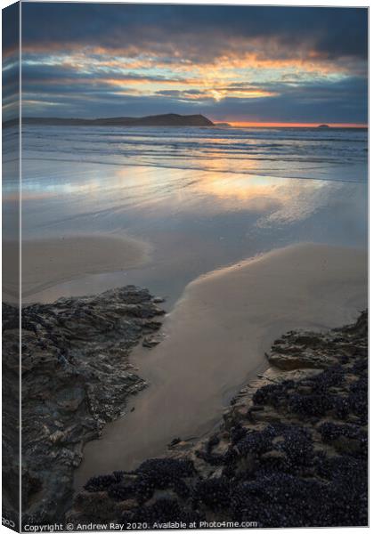 Polzeath Beach at sunset Canvas Print by Andrew Ray
