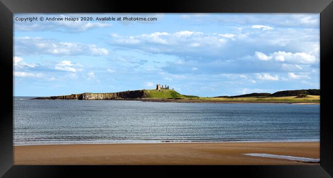View of Dunstaburgh castle from Embleton beach Framed Print by Andrew Heaps