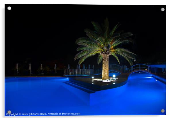 Palm Tree Pool at night Acrylic by mick gibbons