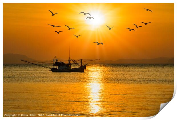 Fishing boat at sunset Print by Kevin Hellon