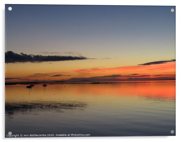 Three Boats in Sunset over Lagune de Thau Acrylic by Ann Biddlecombe
