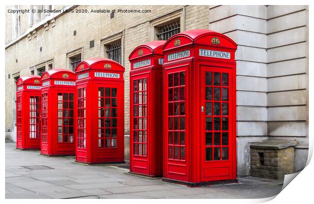 Iconic Red telephone boxes, London Print by Jo Sowden