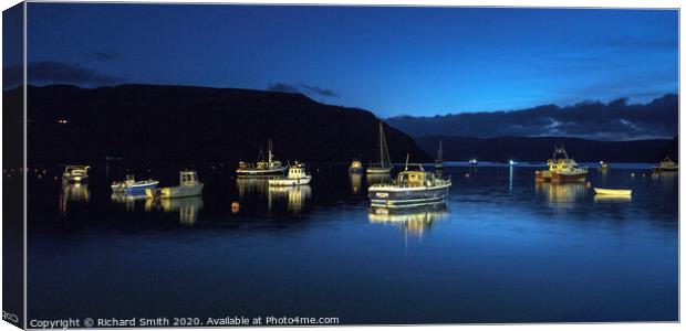 Vessels at peace on moorings in Loch Portree during the blue hour. Canvas Print by Richard Smith