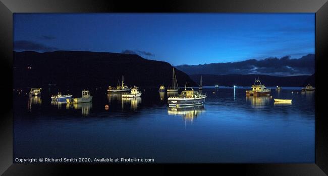 Vessels at peace on moorings in Loch Portree during the blue hour. Framed Print by Richard Smith