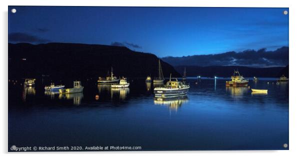 Vessels at peace on moorings in Loch Portree during the blue hour. Acrylic by Richard Smith