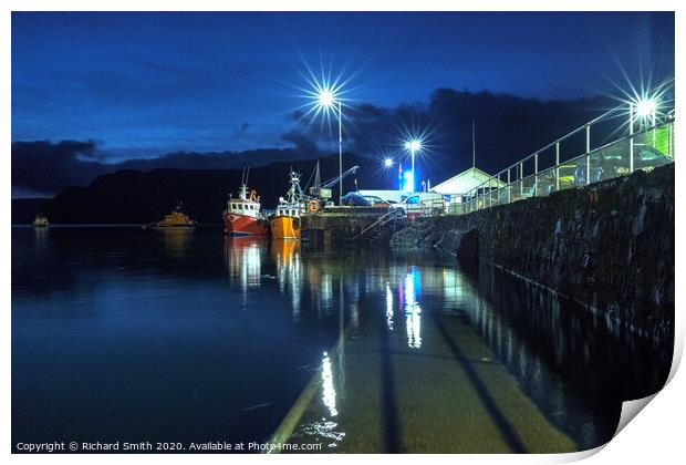 Fishing boats moored to the end of the pier at the blue hour. Print by Richard Smith