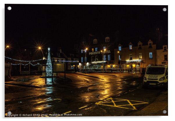 Somerled Square, Portree with Christmas tree and lights reflected on wet pavement Acrylic by Richard Smith