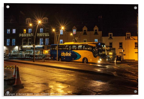 A citylink bus from Glasgow arrives in Portree. Acrylic by Richard Smith