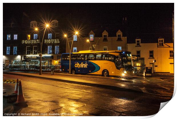 A citylink bus from Glasgow arrives in Portree. Print by Richard Smith