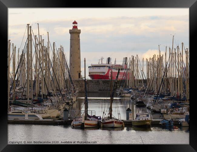 Sete Marina Lighthouse and Ferry Framed Print by Ann Biddlecombe