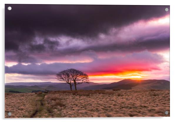 Sunrise over Winhill from Crookstone.  Acrylic by John Finney