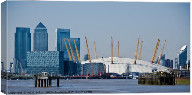 The O2 Arena from the River Thames at Greenwich, London. Canvas Print by Peter Bolton