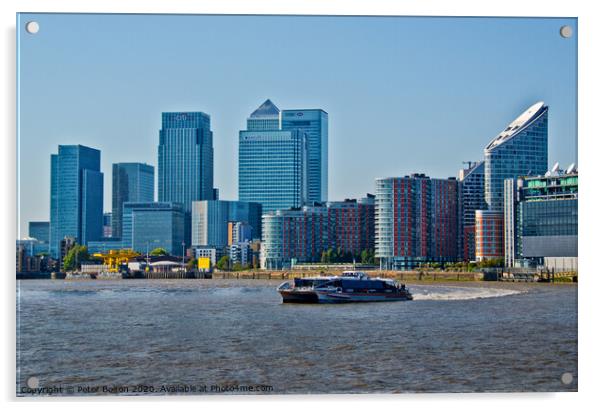 Canary Wharf Business District from the River Thames, London, UK. Acrylic by Peter Bolton