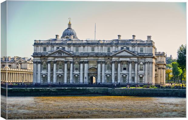 Viewed from the Thames the right wing of the Old Royal Naval college, Greenwich. Canvas Print by Peter Bolton