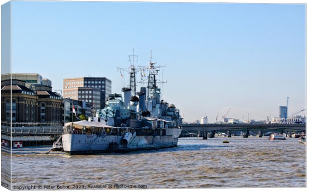Museum ship HMS Belfast moored on the River Thames Canvas Print by Peter Bolton