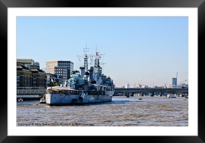 Museum ship HMS Belfast moored on the River Thames Framed Mounted Print by Peter Bolton