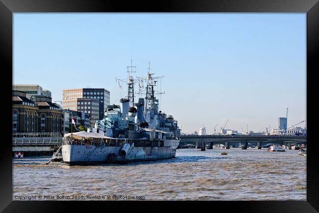 Museum ship HMS Belfast moored on the River Thames Framed Print by Peter Bolton