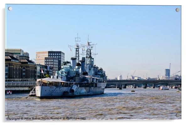 Museum ship HMS Belfast moored on the River Thames Acrylic by Peter Bolton