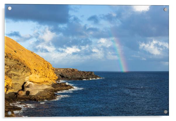 Rainbow by Yellow mountain, Tenerife Acrylic by Phil Crean
