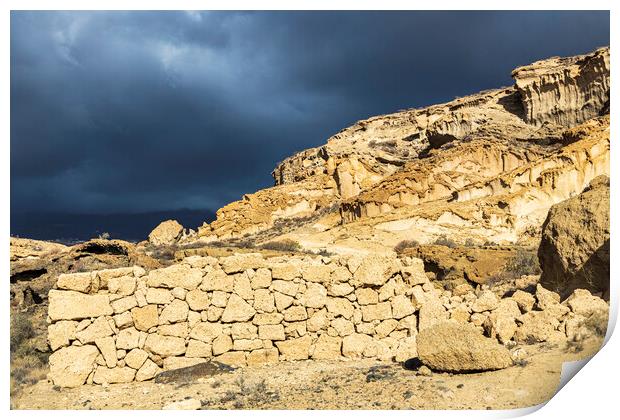 Dry stone wall in volcanic landscape, Tenerife Print by Phil Crean