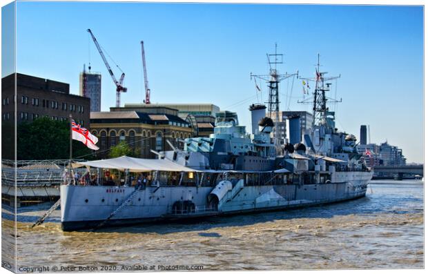 Museum ship HMS Belfast moored on the River Thames Canvas Print by Peter Bolton