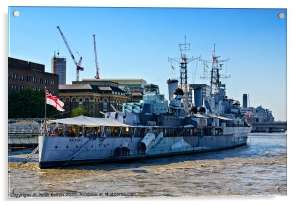 Museum ship HMS Belfast moored on the River Thames Acrylic by Peter Bolton